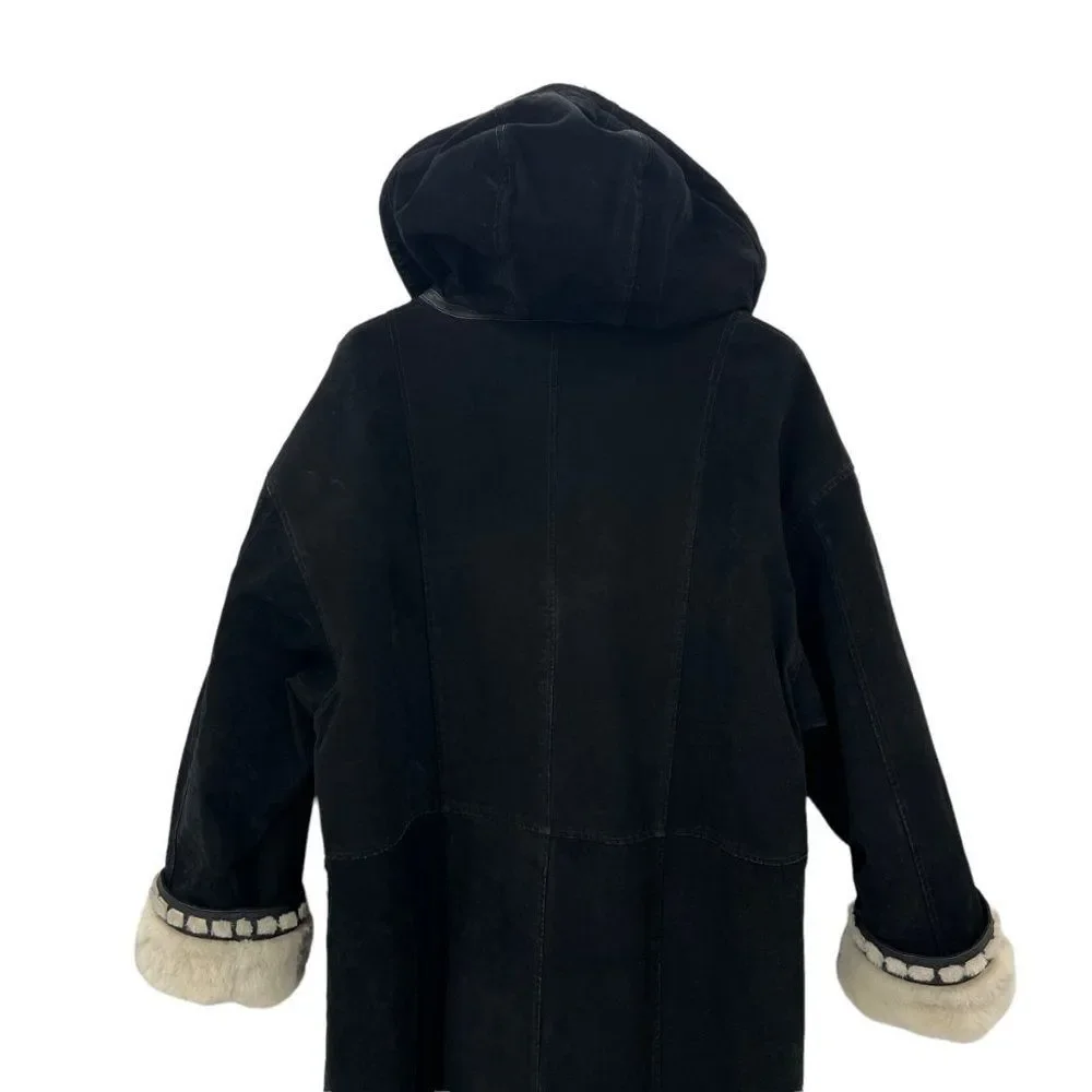 Vintage Sin by Morgan Cooper Black Suede Faux Fur Hooded Trench Coat Jacket L - Picture 8 of 16